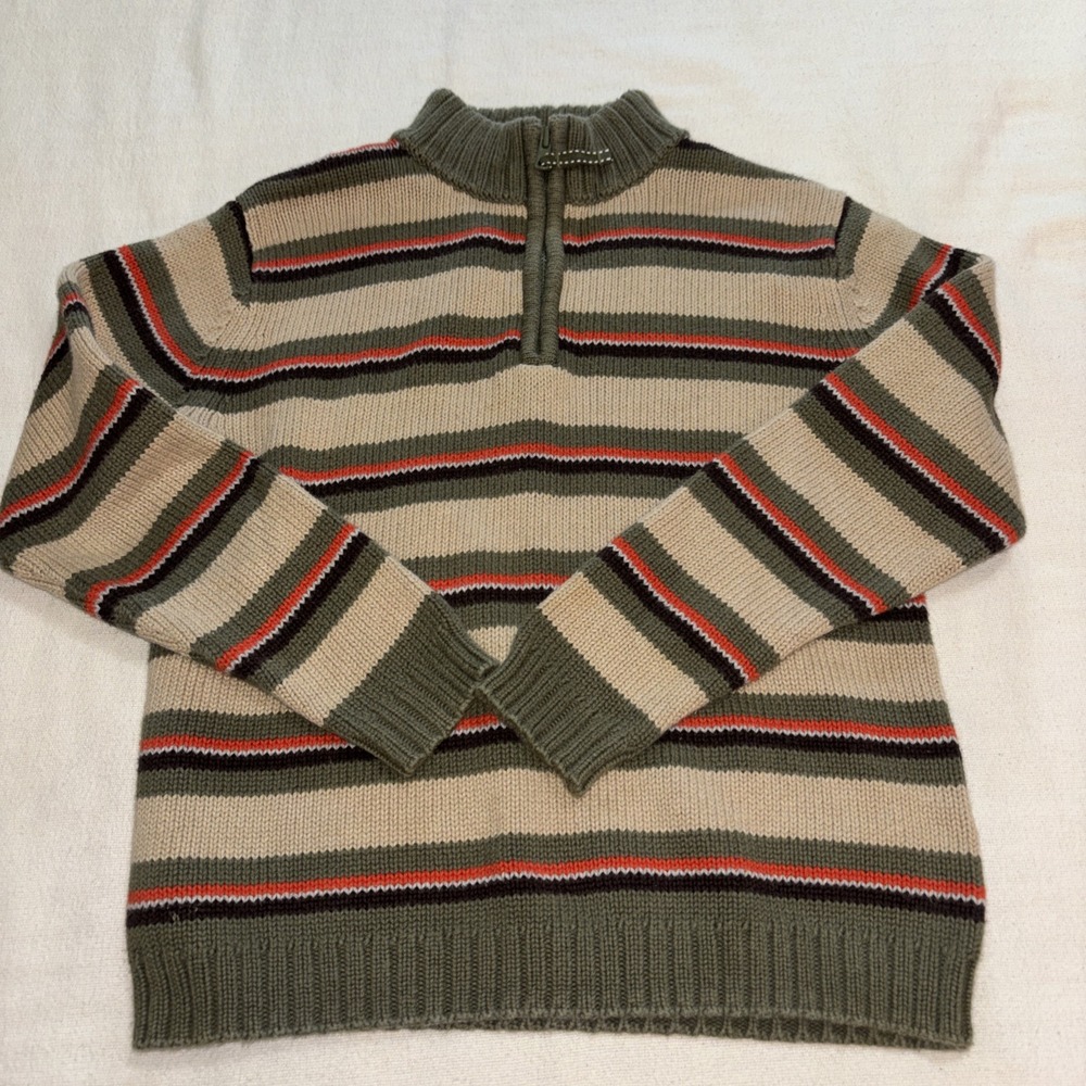 Lands End Beige Olive Striped Quarter Zip Pull Over Knit‎ Sweater Cotton Boys 8